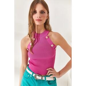 Olalook Women's Fuchsia Barbell Collar Button Detailed Crop Knitwear Blouse