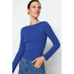Trendyol Sax Cotton Stretchy Boat Neck Fitted/Situated Stretch Knitted Blouse