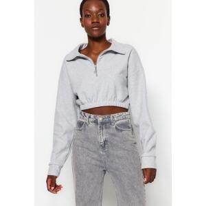 Trendyol Gray Thessaloniki/Knitwear Look, Zippered Elastic Waist Super Crop Oversized Knitted Sweatshirt