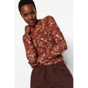 Trendyol Brown High Collar Printed Fitted Tulle Knitted Blouse