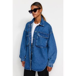 Trendyol Blue Riflová košeľová bunda s nákladným vreckom