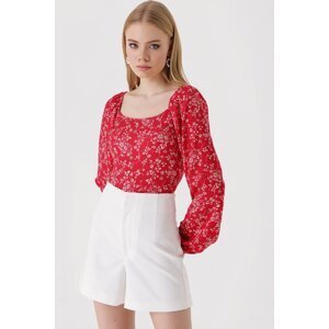 Bigdart 0465 Knitted Blouse with Balloon Sleeves - Y.Red