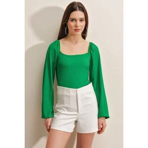 Bigdart 0465 Knitted Blouse with Balloon Sleeves - Green