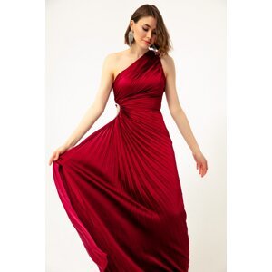 Lafaba Women's Red One-Shoulder Decollete Long Evening Dress.