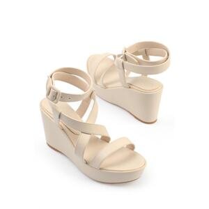 Capone Outfitters Capone Women's Oval Toe, Cross-Band Stitched Ankle Wedge Heels Women's Ecru Sandals.