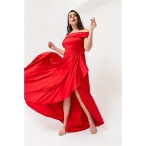 Lafaba Dámsky červený lodný golier plus veľkosti saténové večerné šaty a plesové šaty