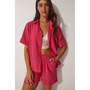 Happiness İstanbul Women's Dark Pink Linen Surface Shorts and Shirt Set