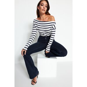 Trendyol Navy Blue Striped Premium Soft Fabric Fitted Boat Neck Knitted Blouse