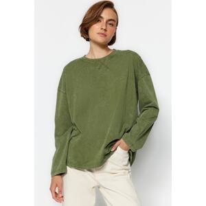 Trendyol Khaki Antique/Faded Effect Relaxed/Comfortable Fit Crew Neck Long Sleeve Knitted T-Shirt