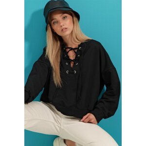 Trend Alaçatı Stili Women's Black Lace-Up Oversized Sweatshirt