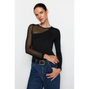 Trendyol Black Tulle Detail Snaps Elastic Knitted Bodysuit