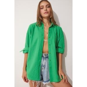 Happiness İstanbul Women's Green Linen-Mixed Oversized Woven Shirt DX0008