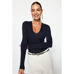 Trendyol Navy Blue Knitted Deep V Neck Body With Snap Button