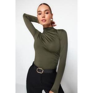 Trendyol Khaki Shirring Detailed Standing Collar With Snap fastener, Flexible Knitted Body