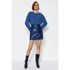 Trendyol Indigo Belt and Zipper Detailed Faux Leather Mini Woven Skirt