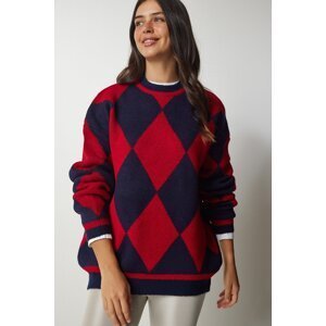 Happiness İstanbul Women's Red Diamond Pattern Oversize Knitwear Sweater