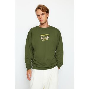 Trendyol Khaki Men's Oversize/Wide-Cut Animal Print Fleece Internal Sweatshirt