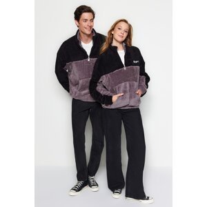 Trendyol Black Unisex Oversize/Wide-Fit High Neck Color Block Minimal Embroidery Warm Plush Sweatshirt
