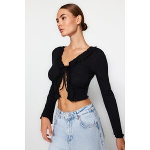 Trendyol Black Ruffle Detailed Front Tie Ribbed Flexible Crop Knitted Blouse