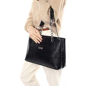 Madamra Women's Large Quilted Chain Bag in Black Crocodile
