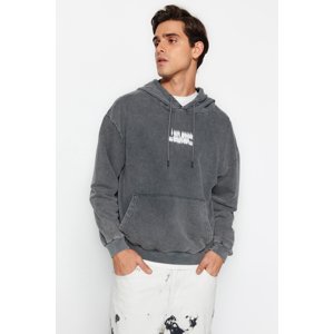 Trendyol Anthracite Men's Relaxed/Casual Fit Hooded Weathered/Faded Effect Back Printed Sweatshirt