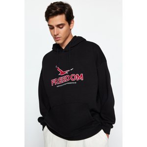 Trendyol Black Oversize/Wide-Fit Hooded Mesh Embroidered Fleece Inside Cotton Sweatshirt