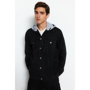 Trendyol Pánska čierna pletená džínsová bunda pravidelného strihu s kapucňou