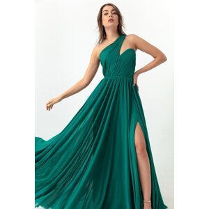 Lafaba Dámske smaragdovo zelené rozparkové dlhé večerné šaty s rozparkom na jedno rameno