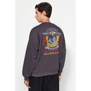 Trendyol Men's Anthracite Oversize/Wide-Fit Crew Neck Rock Printed Fleece Sweatshirt