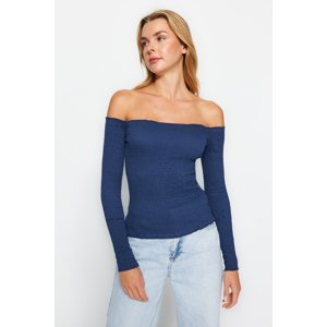 Trendyol Indigo Gimped Fitted Carmen Collar Long Sleeve Elastic Knitted Blouse