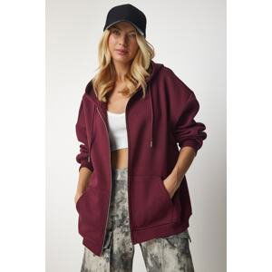 Happiness İstanbul Women's Burgundy Hooded Zipper Oversize Sweatshirt