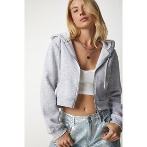 Happiness İstanbul Women's Gray Hoodie with Zipper and Crop Sweatshirt