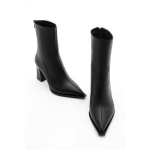 Marjin Women's Heeled Boots Pointed Toe Zipper At The Back Thick Heels Kikas Black.