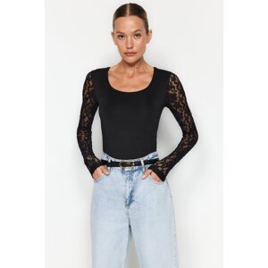 Trendyol Black Square Collar Lace Sleeves Knitted Body With Snap Buttons