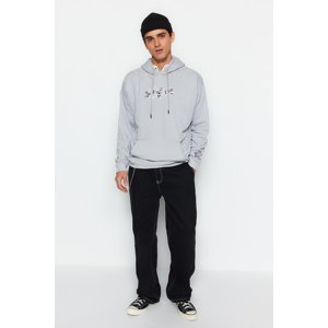 Trendyol Men's Dark Gray Oversize/Wide Fit Letter Embroidered Hooded Sweatshirt
