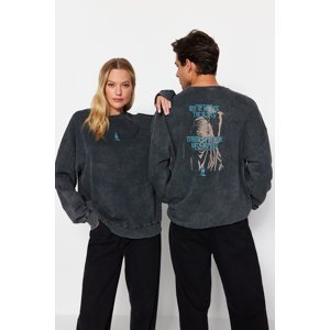 Trendyol Anthracite Oversize/Wide-Fit 100% Cotton Pale Effect Mystic Theme Sweatshirt