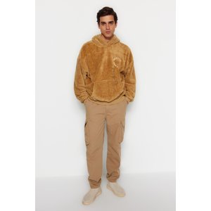 Trendyol Camel Unisex Oversize Hooded Long Sleeved Embroidered Lettering Thick Plush Sweatshirt.