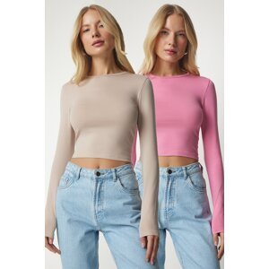 Happiness İstanbul Women's Pink Beige Basic 2 Pack Knitted Crop Blouse