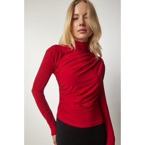 Happiness İstanbul Women's Red Gather Detailed High Collar Sandy Blouse