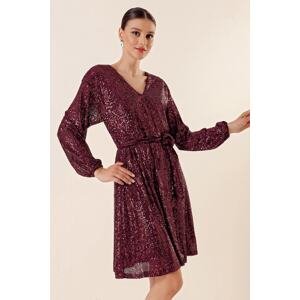 By Saygı V-Neck Waist Belted Lined Stuffed Short Dress Burgundy