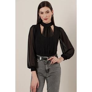 By Saygı Chiffon Lycra Blouse Front And Sleeves Black