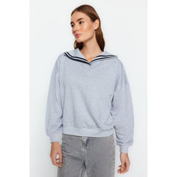 Trendyol Gray Oversize/Wide Fit Collar Detail Diagonal Knitted Sweatshirt