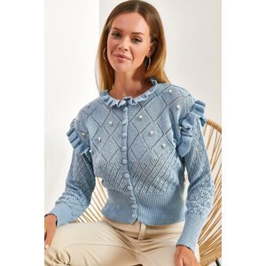 Bianco Lucci Women's Openwork Tricot Cardigan with Ruffles and Pearl Stones.