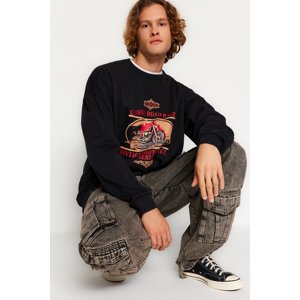 Trendyol Men's Black Oversize/Wide Cut Motorcycle Printed Fleece Inner Sweatshirt