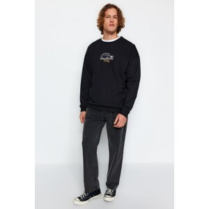 Trendyol Men's Black Oversize/Wide Fit Crew Neck Long Sleeve Men's Car Print Sweatshirt