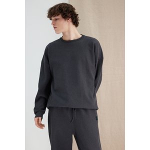 Trendyol Anthracite Men's More Sustainable Oversize/Wide-Fit Crew Neck Label Detail Textured Sweatshirt
