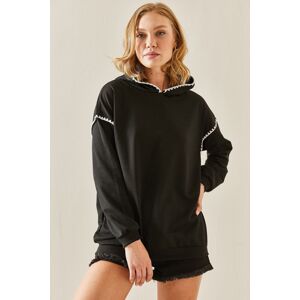 XHAN Black Embroidery Detailed Hoodie Sweatshirt