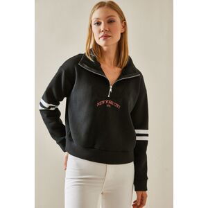 XHAN Black Zipper Detailed Printed Sweatshirt