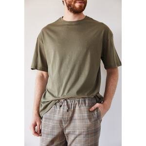 XHAN Men's Khaki Basic Wide Cut Oversize T-shirt 1kxe1-44215-09