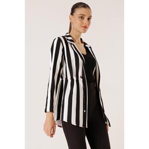 By Saygı Red Rope Detailed Jacket with Drawstring Waist Thick Longitudinal Striped Sleeve